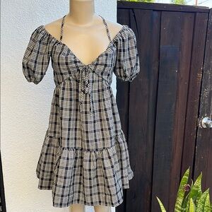 Aqua Plaid Off-Shoulder Dress